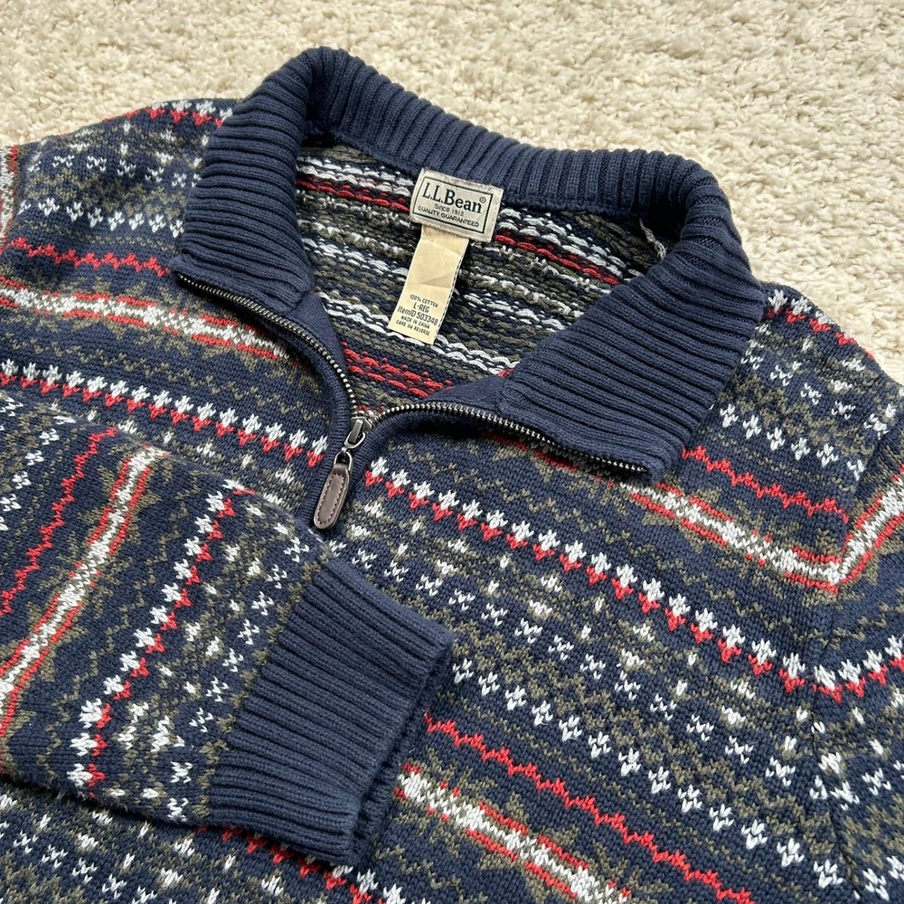L.L. Bean Quarter Zip Sweater Large Navy Blue Nordic Fair Isle Cotton 1/4 Zip